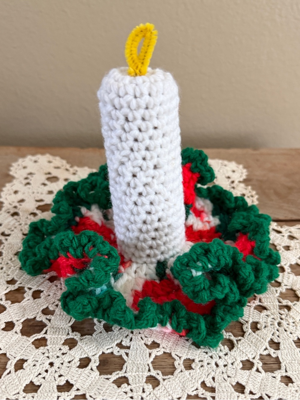 Handmade Crochet White Candle Centerpiece with Green and Red Wreath